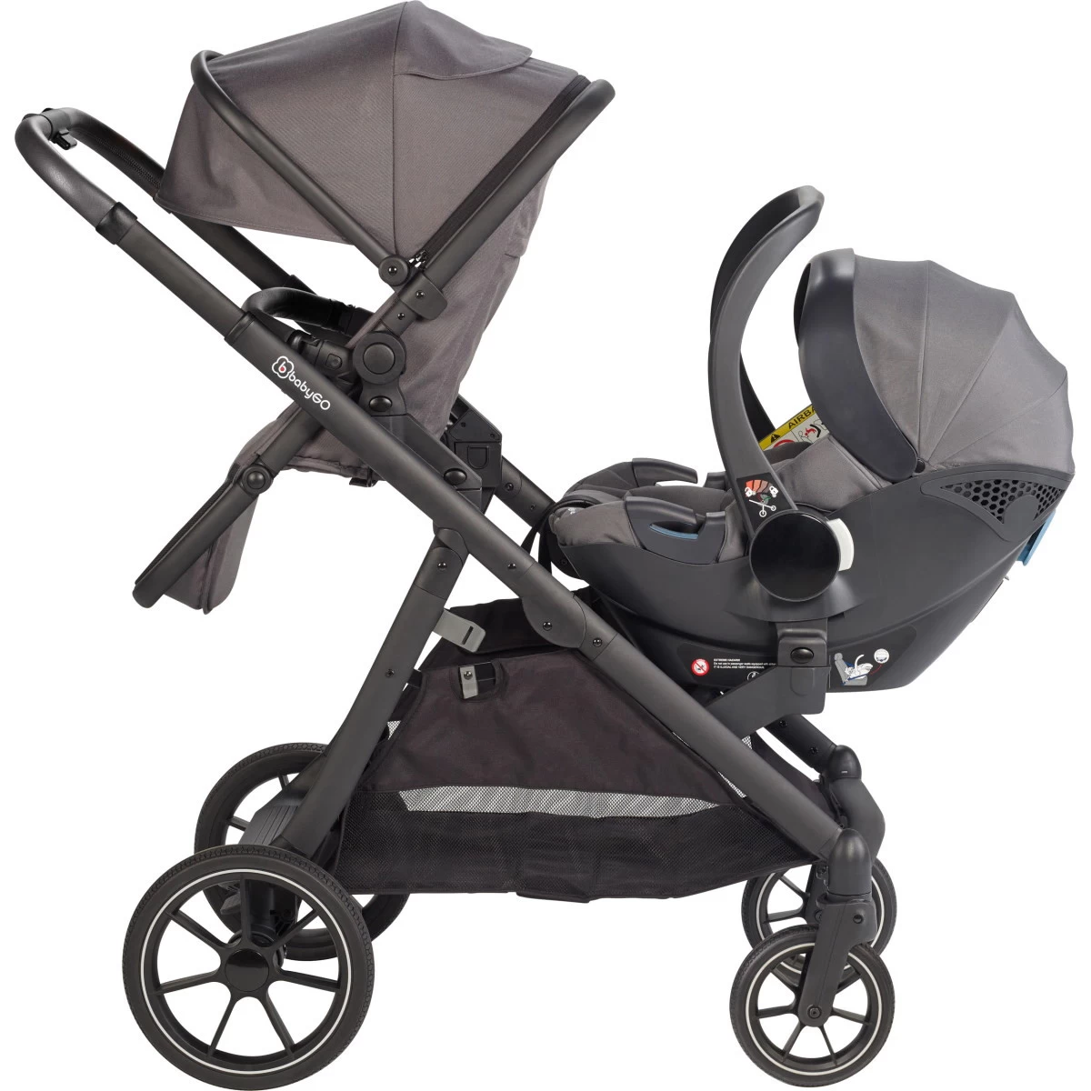 Babygo Duo Mega Grey Tandem Kinderwagen Incl. 2 Autostoelen 78001 - Afbeelding 3