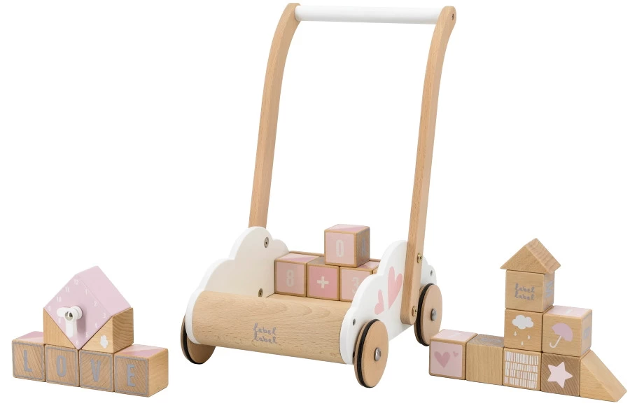 Label Label Roze Houten Loopwagen Met Blokken LLWT-24685
